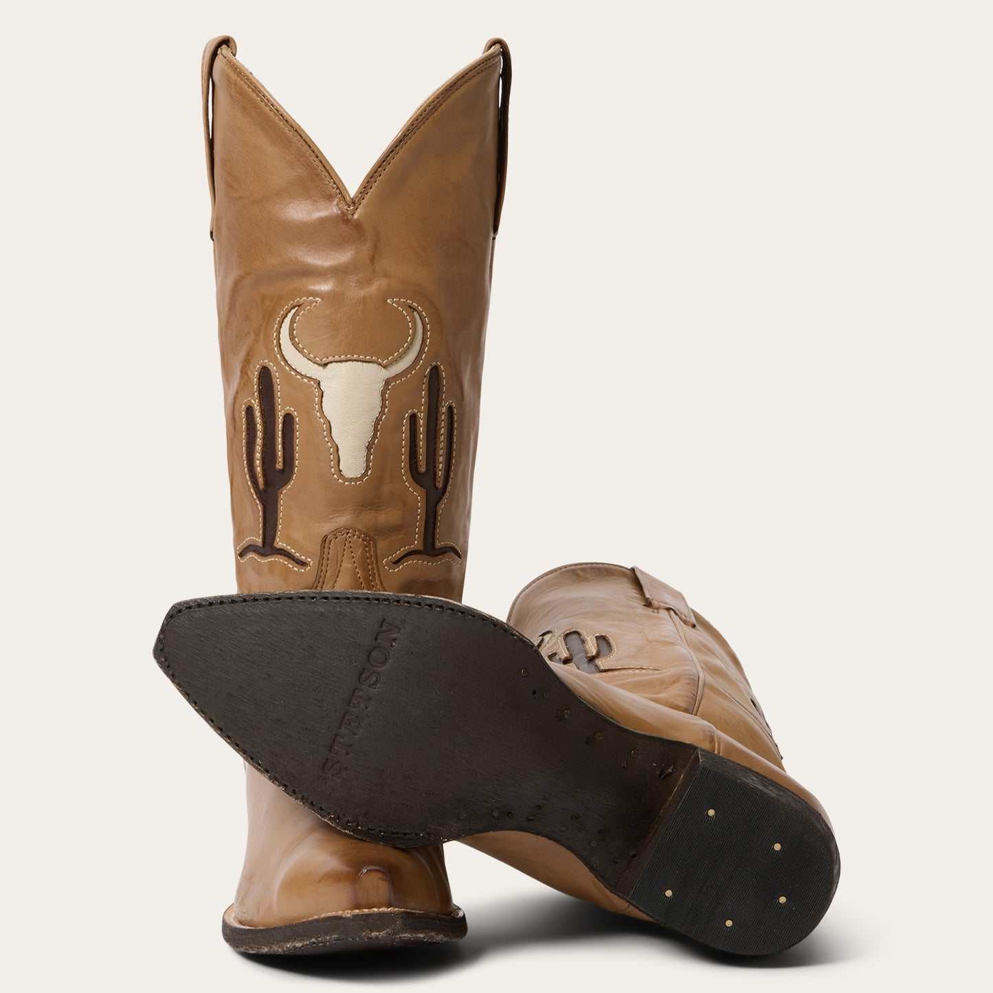 Women's Stetson Tucson Boots handcrafted tan leather cowboy boots with 13-inch shaft and vintage steerhead design