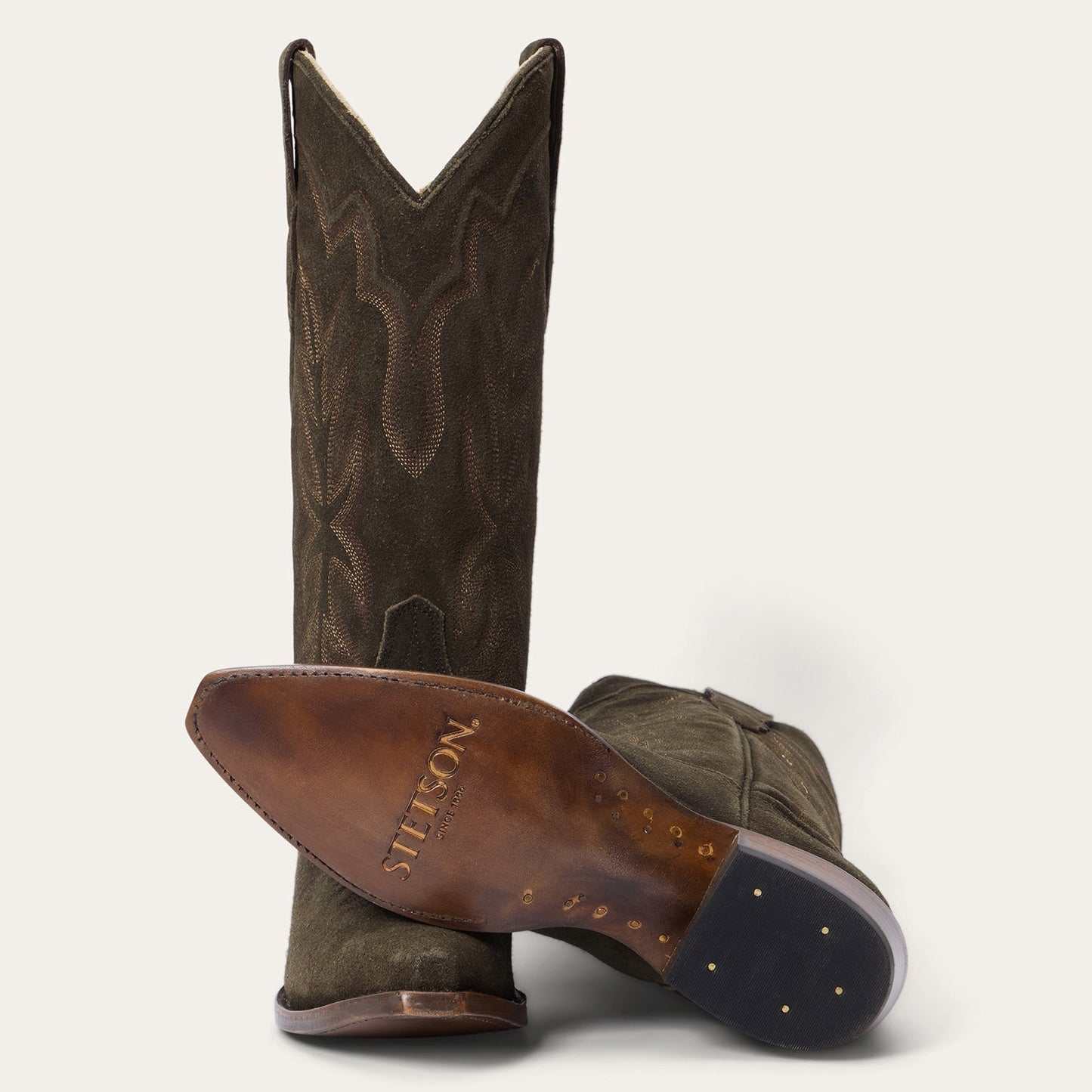 Botas de ante Stetson Casey para mujer, con punta recortada, hechas a mano, color oliva