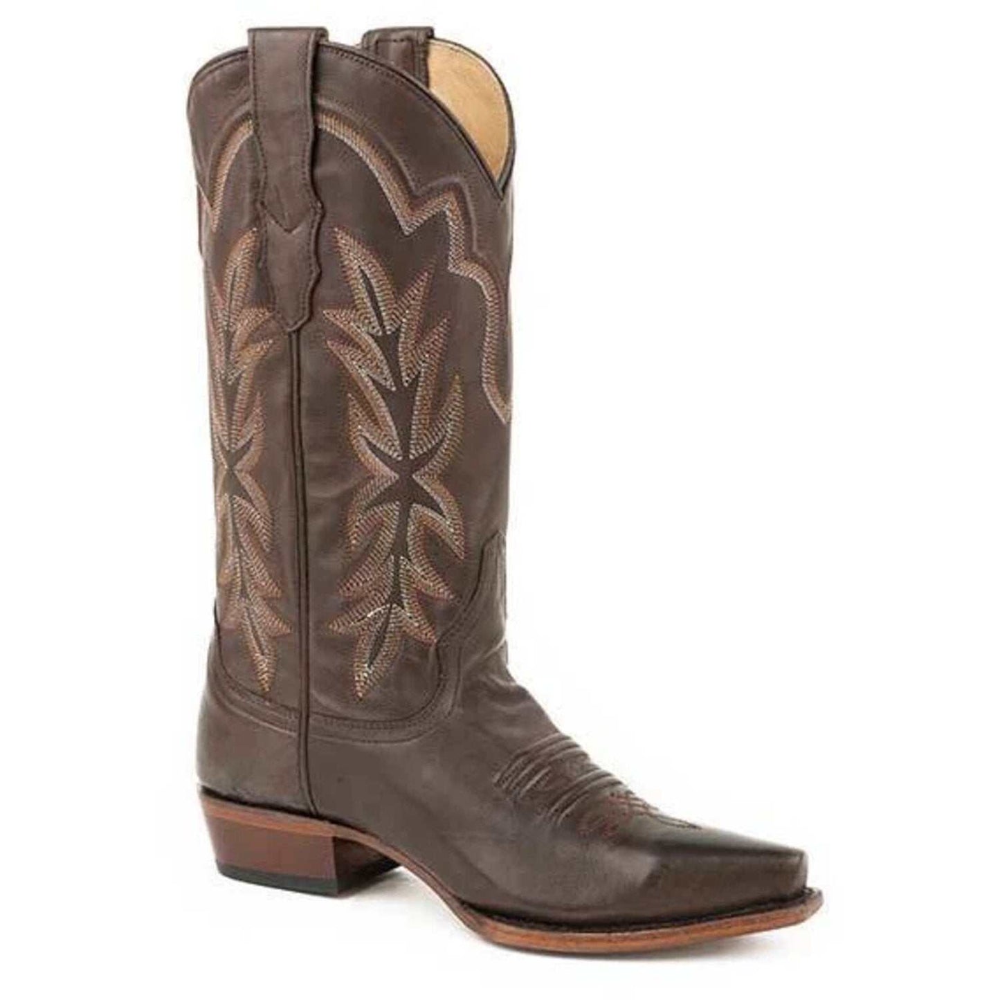 Women's Stetson Casey Leather Boots handcrafted in tobacco brown with unique embroidery and stacked heel
