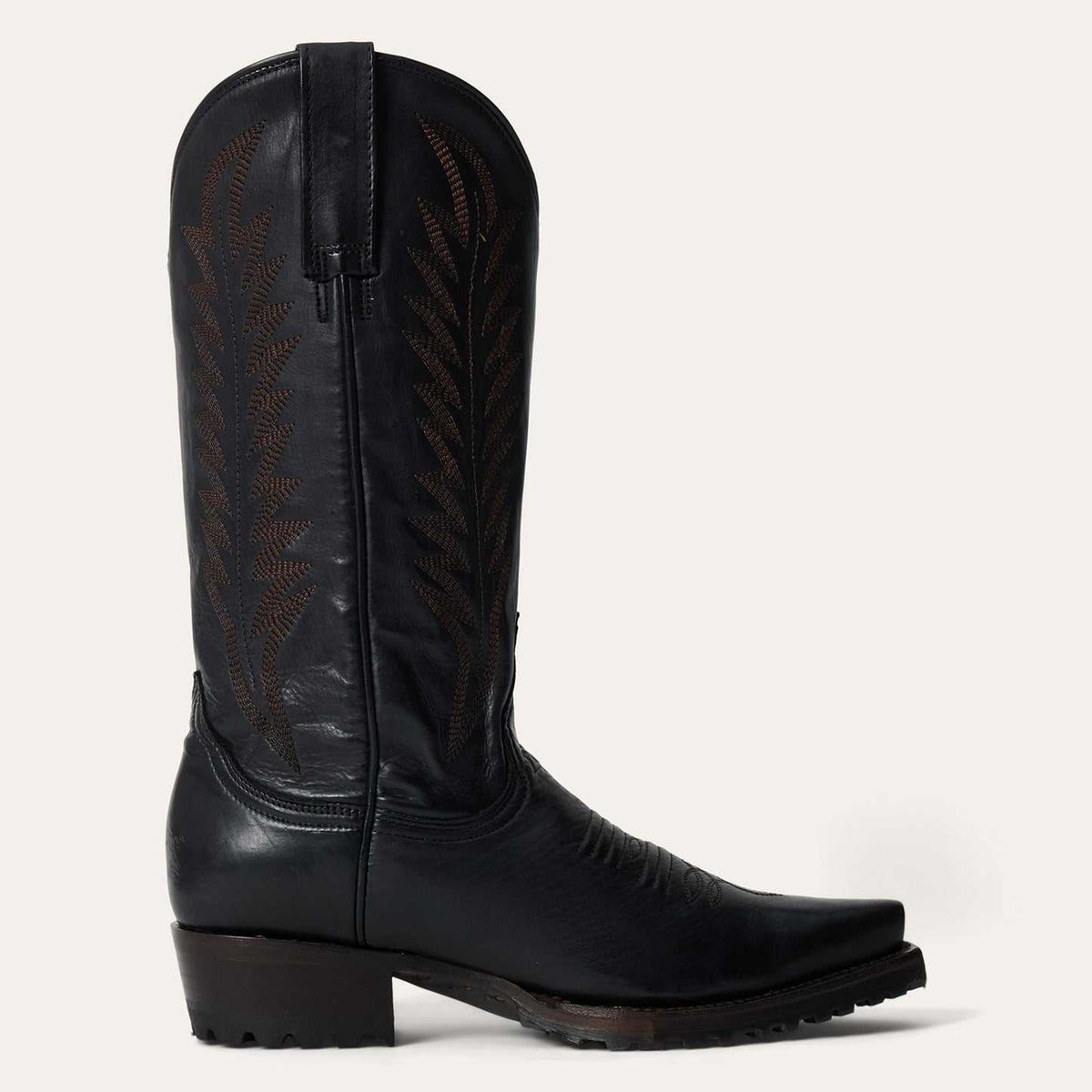 Women's Stetson Frankie black leather boots with snip toe and unique embroidery on 13" shaft