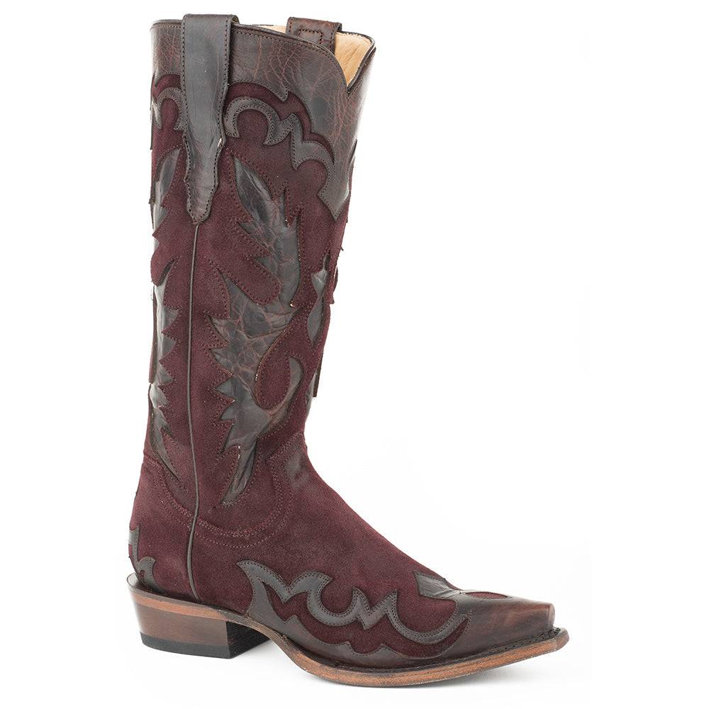 Women's handcrafted Stetson Cora leather boots in burgundy with vintage snip toe and stacked heel