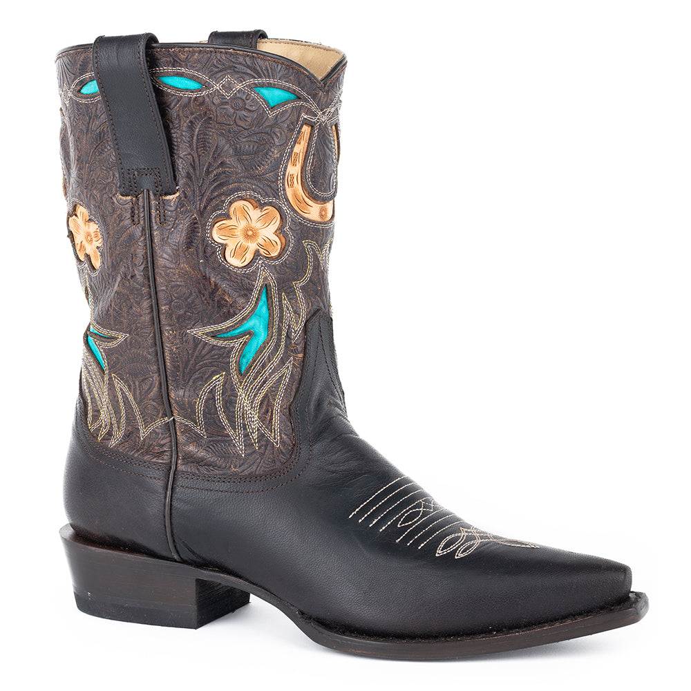 Women's Stetson Willa Leather Boots black handcrafted with horseshoe and flower design