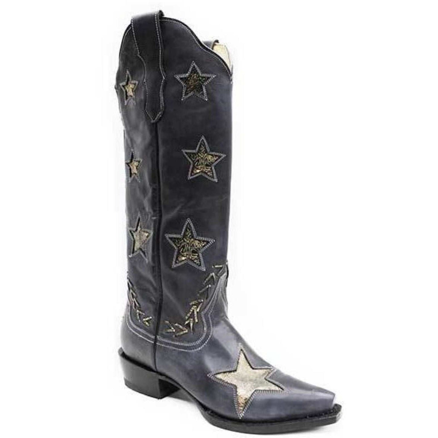 Women's Stetson Big Star handcrafted black leather cowboy boots with gold star details and stacked heel