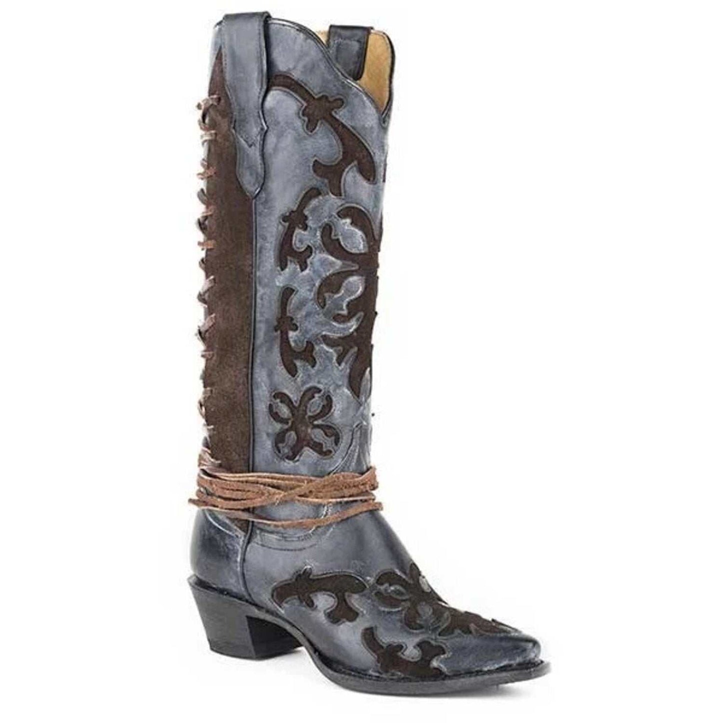 Women's Stetson Ande knee high black handcrafted snip toe boots with lace-up back and leather sole