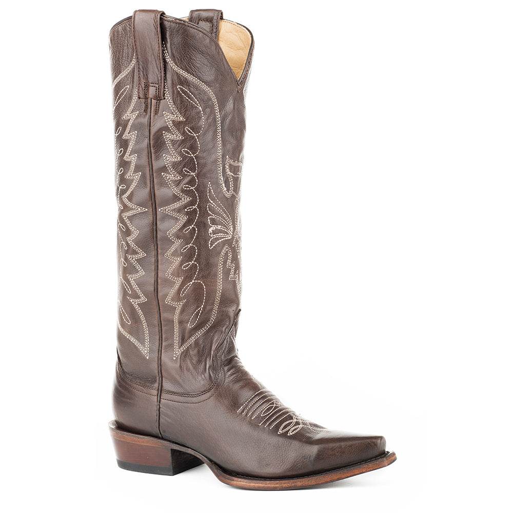 Women's Stetson Marisol Leather Boots handcrafted brown vintage cowboy style with snip toe and stacked heel