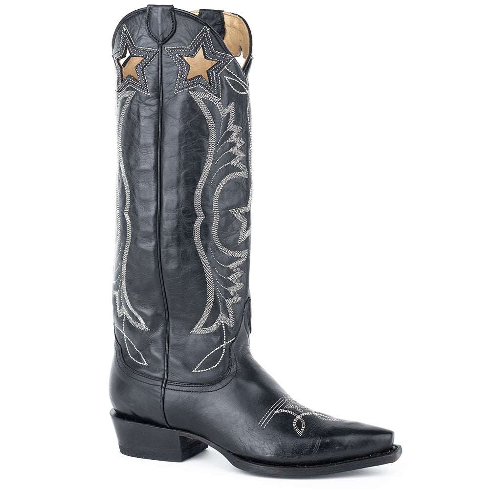 Women's Stetson Celeste black leather boots with star embroidery and stacked heel