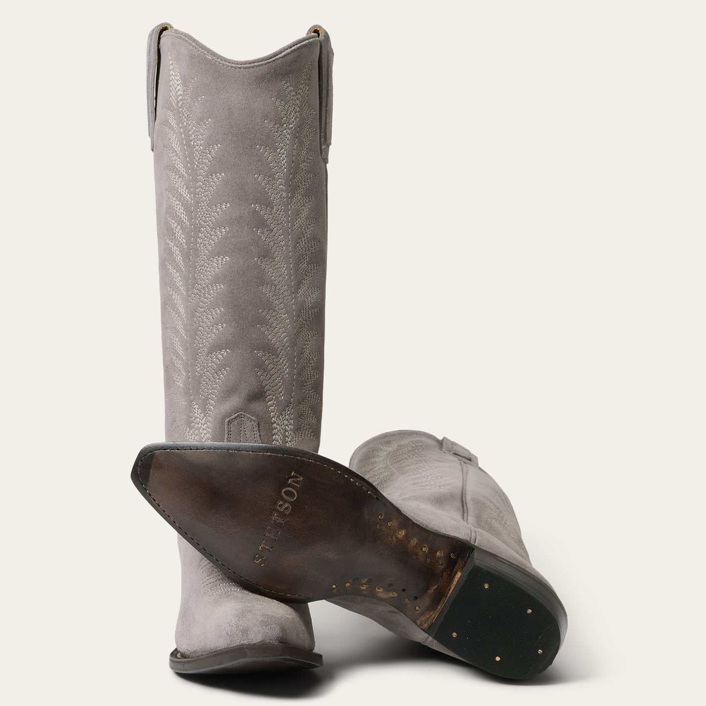 Women's Stetson Emme gray suede handcrafted cowboy boots with vintage embroidery and stacked heel