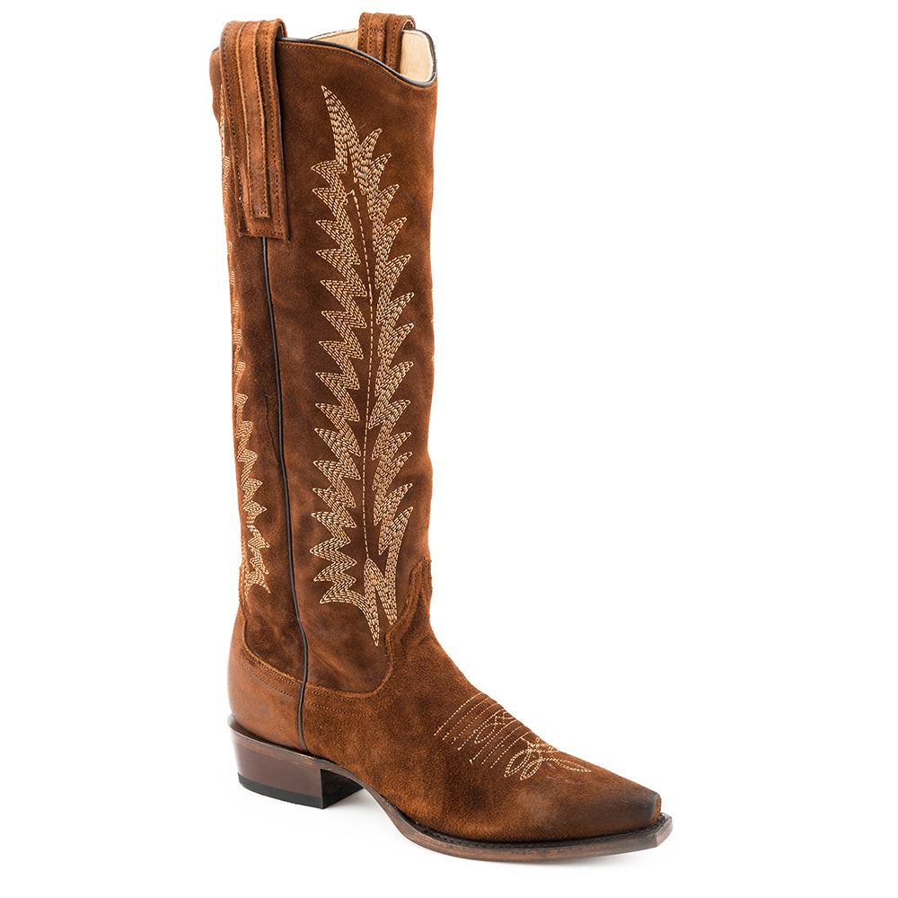 Women's Stetson Emme Leather Boots handcrafted brown suede with vintage embroidery and stacked heel