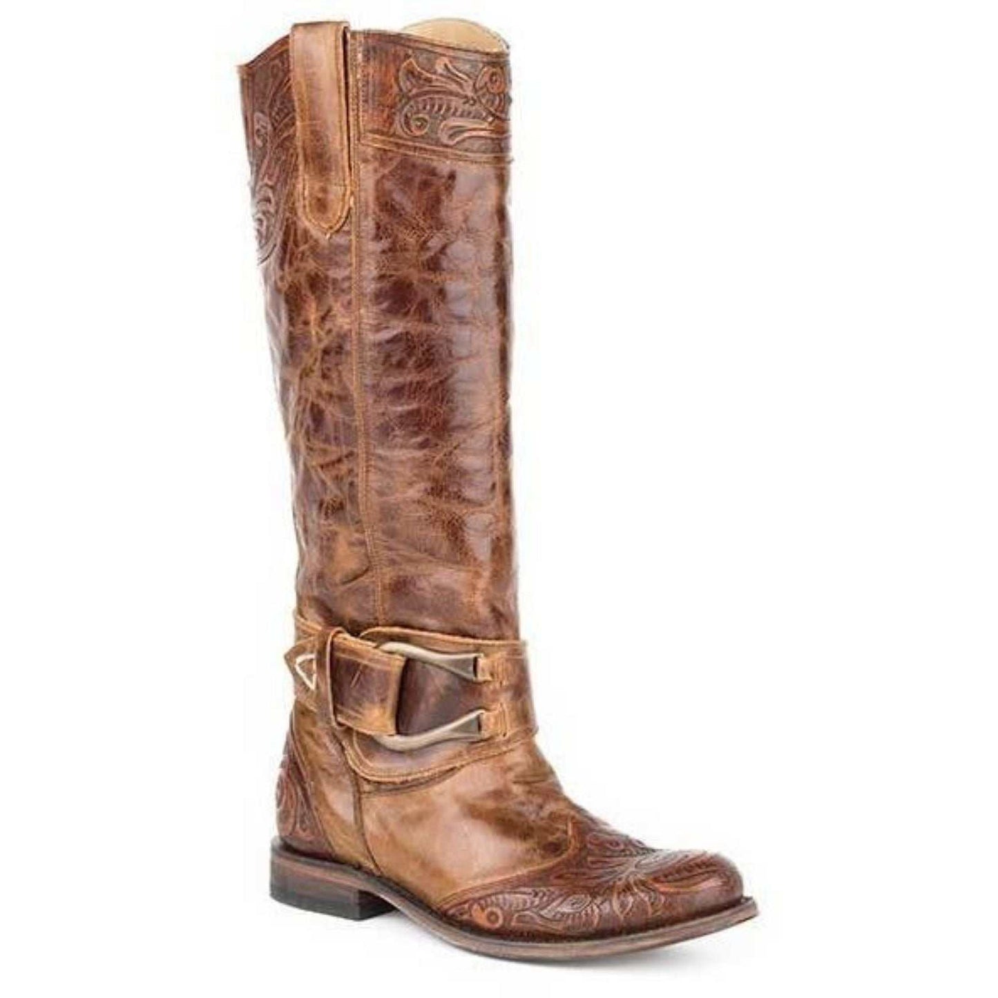 Women's Stetson Paisley knee high handcrafted cognac leather boots with round toe and wing tip design