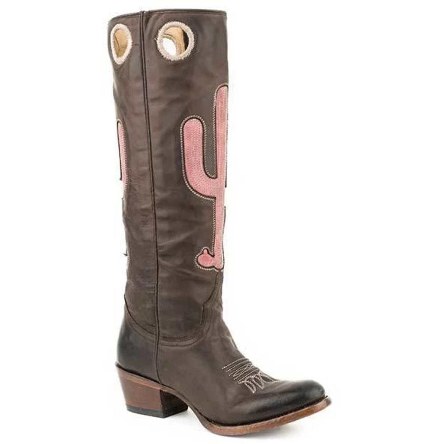 Women's Stetson Taylor handcrafted brown leather boots with vintage cactus embroidery and cushioned insole