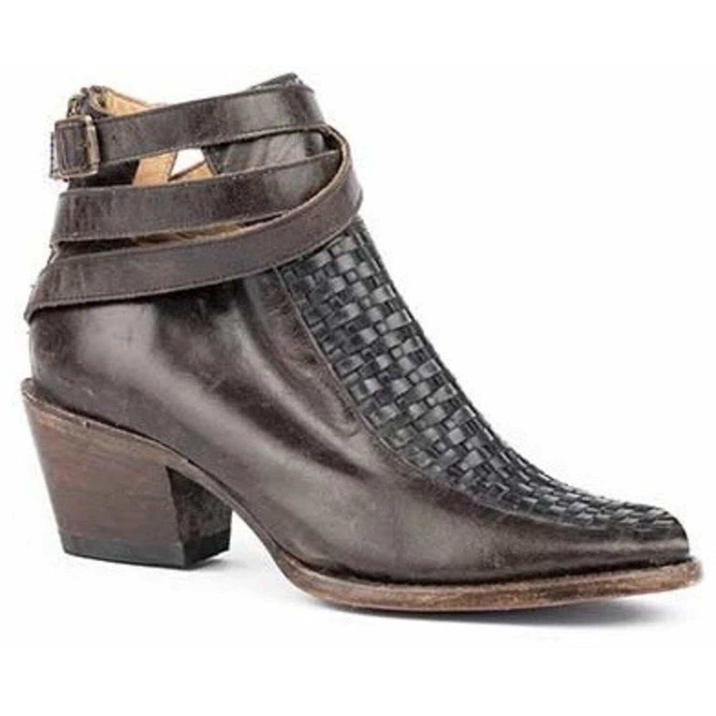 Women's Stetson Jacey Boots brown leather round toe handcrafted with basketweave design and back zipper