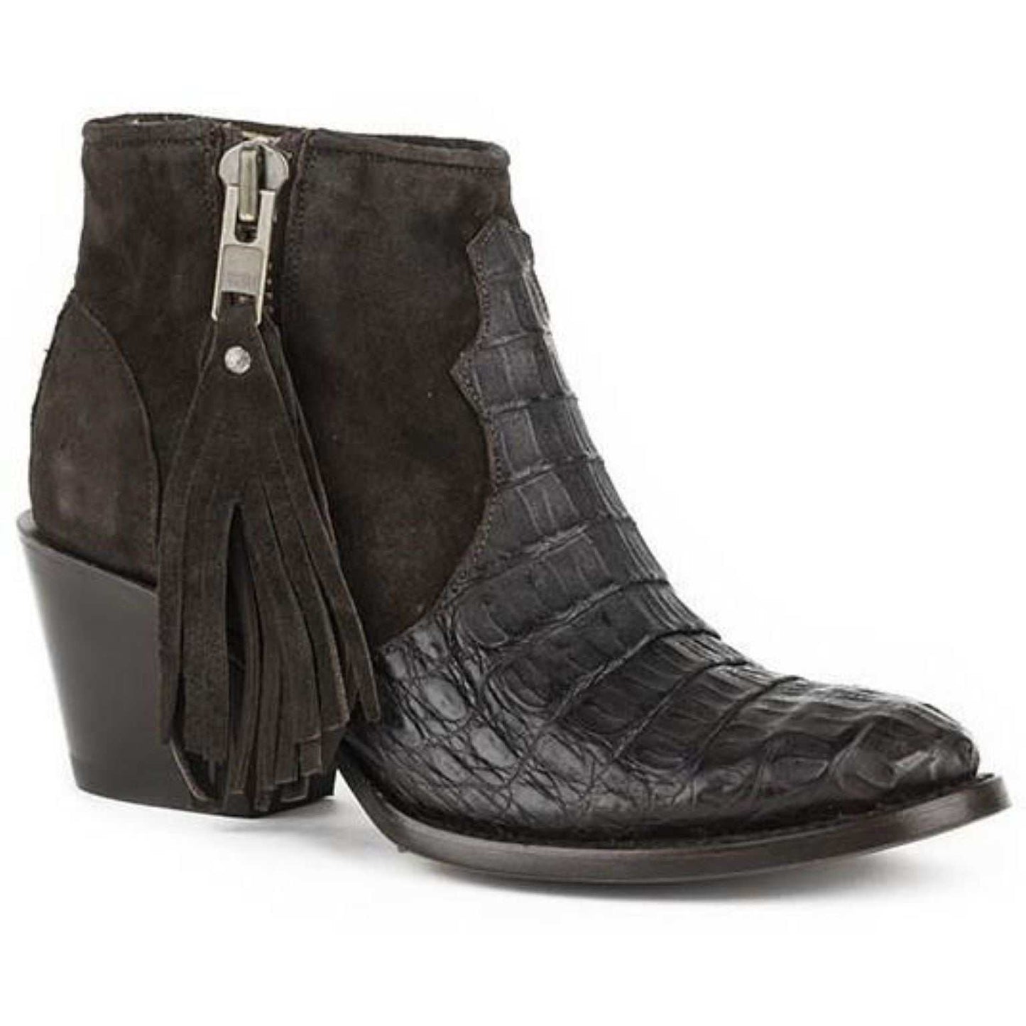 Women's Stetson Paris Caiman Ankle Boots handcrafted brown leather round toe with stacked heel and suede tassel zipper