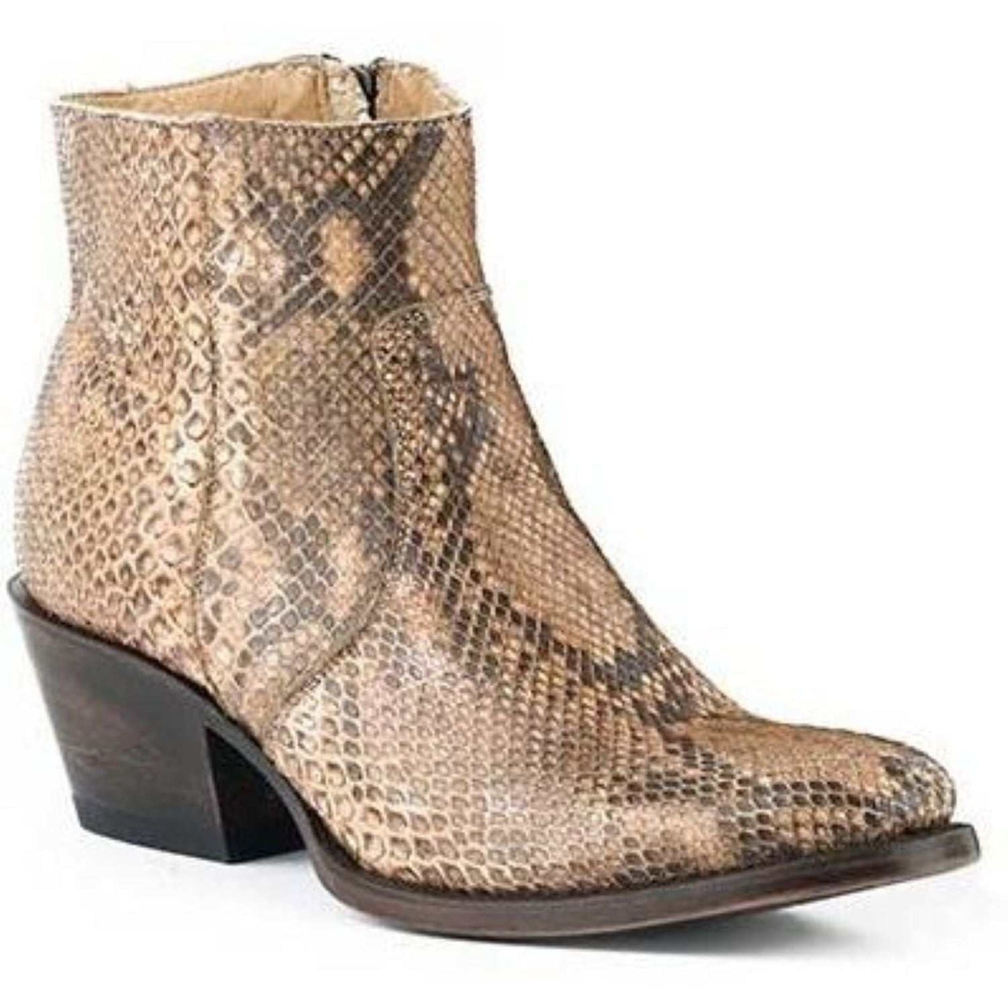 Women's Stetson Venice Python Boots handcrafted brown python leather cowboy boots with round toe and stacked heel