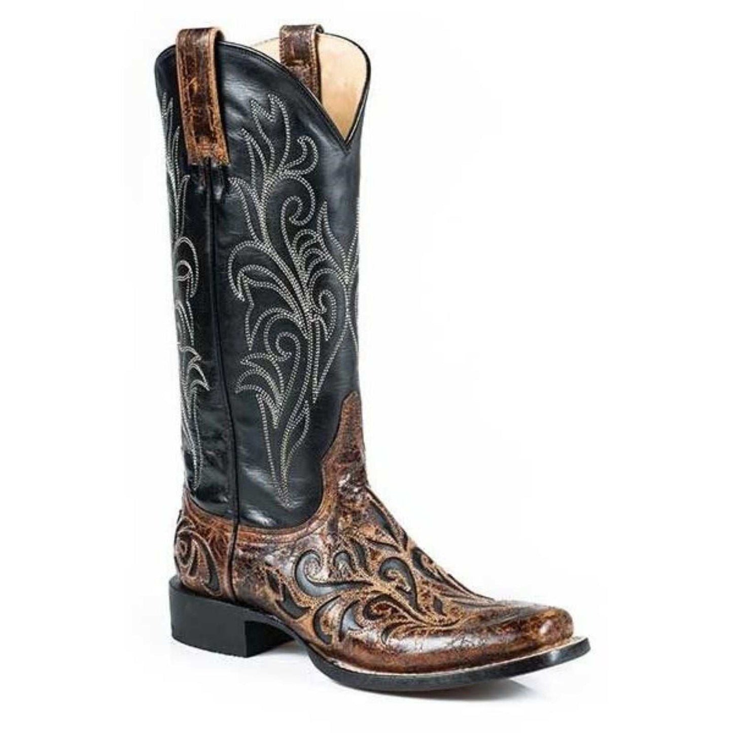 Women's Stetson Caroline Boots handcrafted brown square toe black vamp vintage overlay