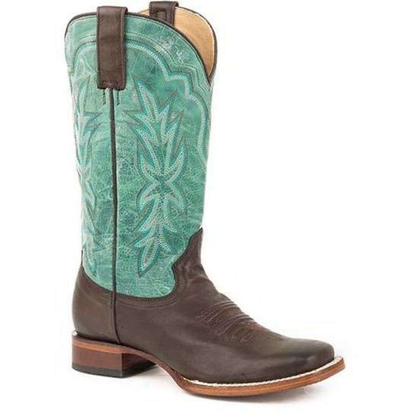 Women's Stetson Jessica Leather Boots handcrafted brown with embroidered turquoise shaft and cushioned comfort insole