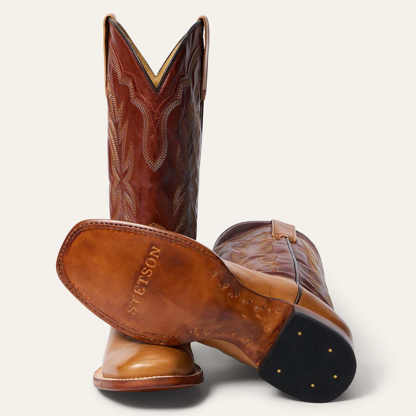 Women's Stetson Jessica Boots handcrafted tan leather with embroidered shaft and wide square toe