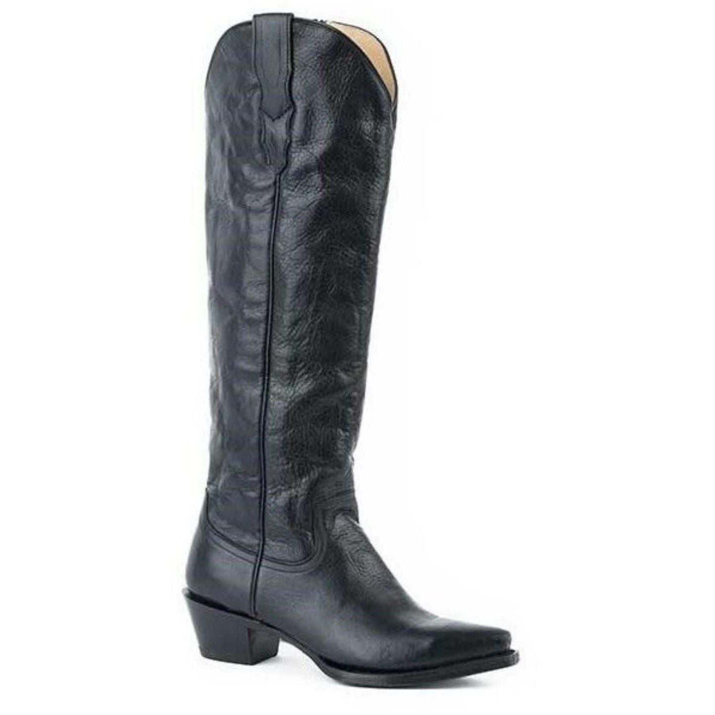 Women's Stetson Class black snip toe leather boots with YKK zipper and stacked heel