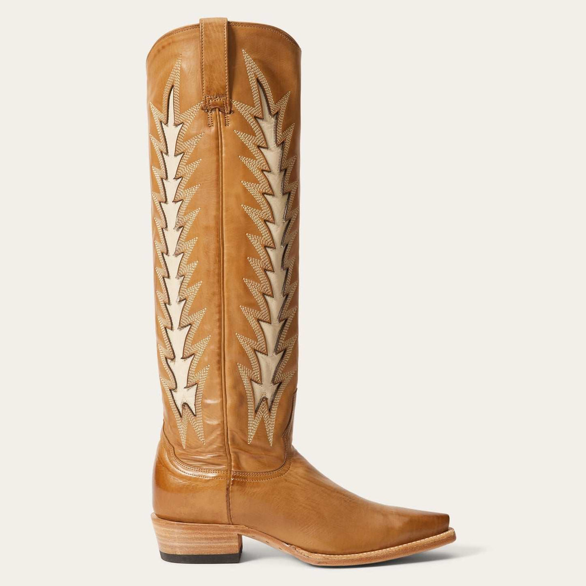 Women's Stetson Johnnie leather boots with gold calf vamp, vintage flame underlay, and 16-inch shaft