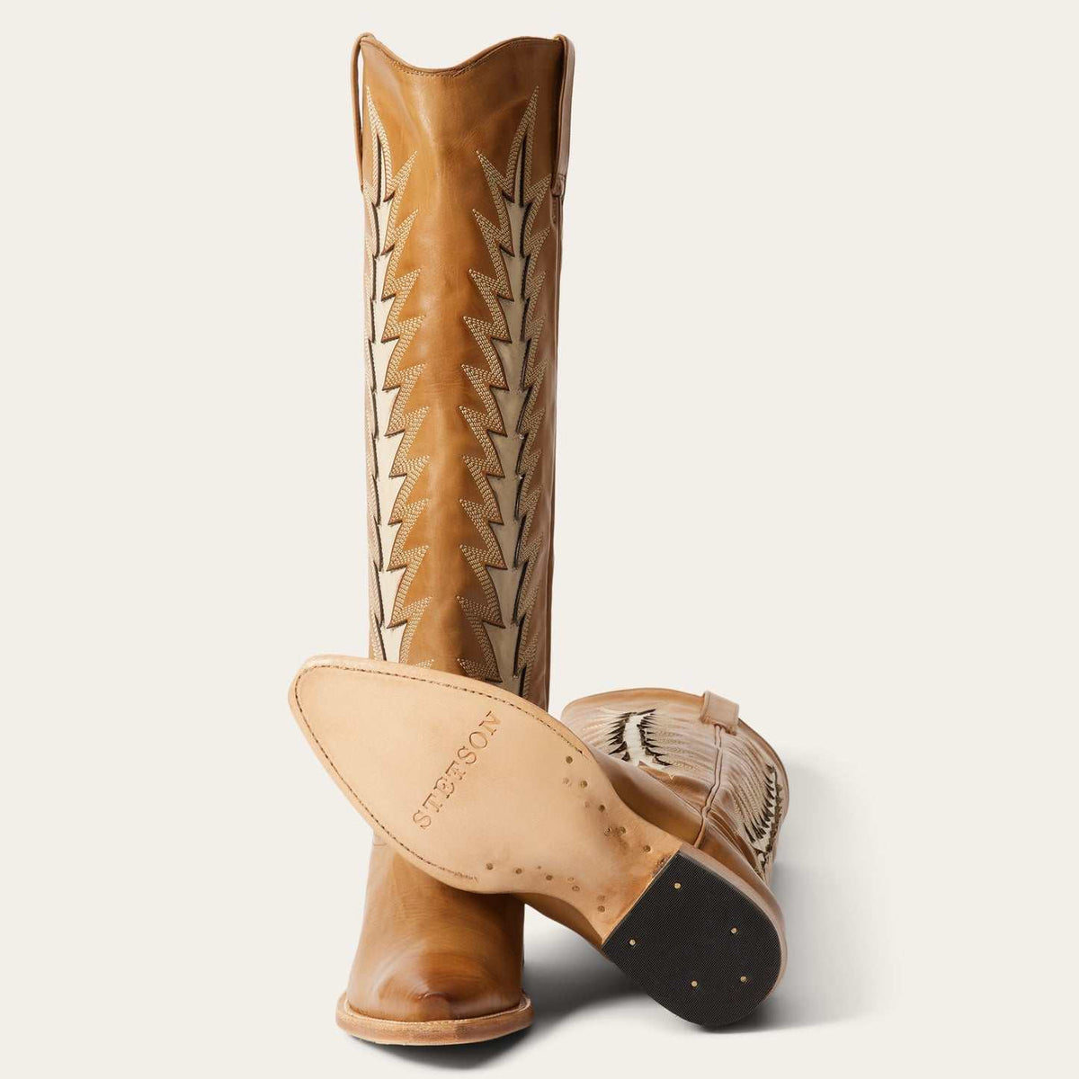 Women's Stetson Johnnie handcrafted gold leather cowboy boots with vintage flame underlay and stacked heel
