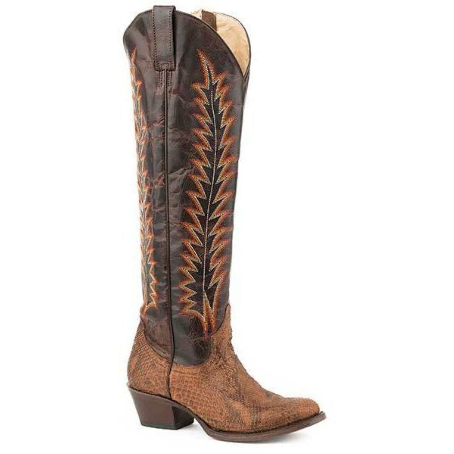 Women's Stetson Miley Python Boots handcrafted brown leather with python vamp and vintage flame embroidery