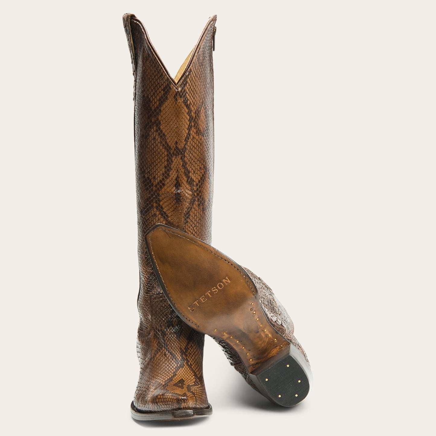 Women's Stetson Yasmin Python Boots brown leather 18-inch shaft snip toe with YKK side zipper
