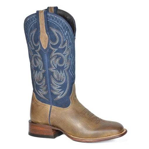 Men's Stetson Ruston Leather Boots handcrafted brown with blue suede shaft and intricate stitching