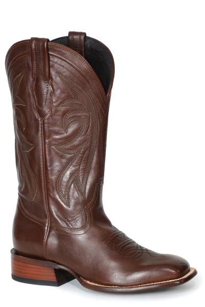 The Mens Stetson Grange Leather Boot from the JBS Collection features brown leather, handcrafting, decorative stitching, a square toe, pull straps, and a stacked heel—American style from Stetson Boots shown on a white background.