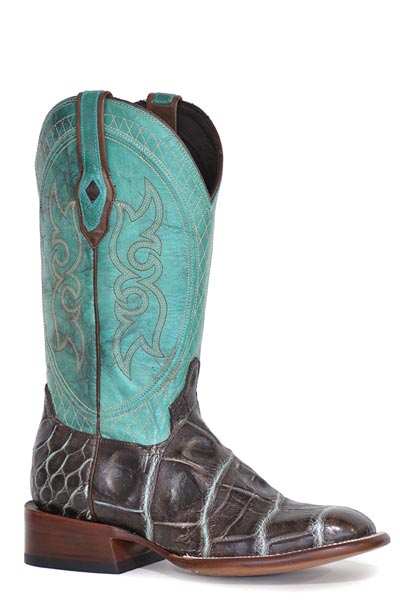 Men's Stetson Grator Alligator Boots brown with turquoise shaft and intricate stitching