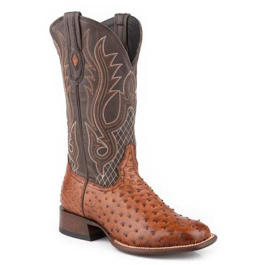 Men's Stetson Ozzy cognac full ostrich leather boots with square toe and handcrafted detailing