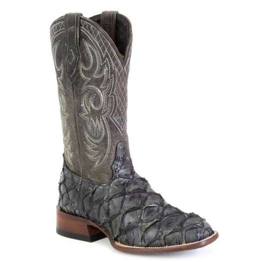 Men's Stetson Amazon Pirarucu Boots gray handcrafted leather western boots with intricate stitching