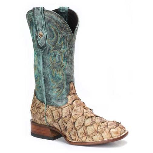 Men's Stetson Amazon Pirarucu tan square toe handcrafted boots with intricate stitching and leather construction