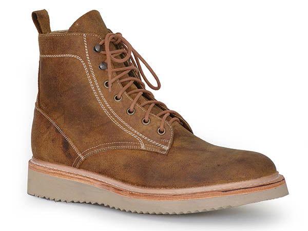 The Mens Stetson Chukka Sky Walk Leather Boots feature brown leather, white stitching, metal eyelets, a tan textured sole, and a round toe—this handcrafted design by Stetson Boots embodies American heritage.