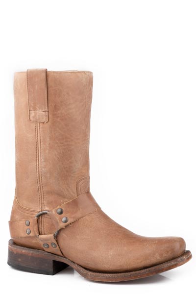 The Stetson Boots Mens Vintage Biker Leather Boot in tan features a square toe, black heel, and a studded harness strap, all handcrafted to embody true American heritage; shown on a plain white background.