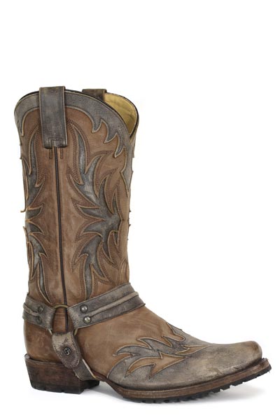 The Mens Stetson Outlaw Jack Leather Boot by Stetson Boots features decorative stitching, a harness strap detail, and a low heel, highlighting classic American style in brown leather against a white background.
