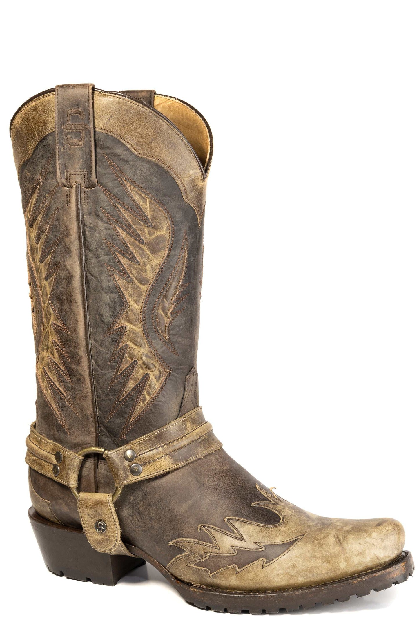 Men's Stetson Outlaw Biker Leather Boots brown handcrafted square toe with vintage tan wingtip and 13-inch shaft