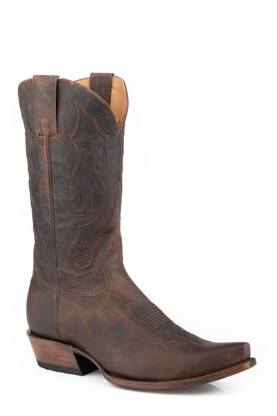 The Mens Stetson Cassidy Goat Boots Handcrafted Snip Toe in Brown by Stetson Boots feature decorative stitching, a snip toe, and a stacked heel, all photographed against a white background.