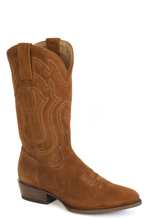 The Mens Stetson James Suede Leather Boot by Stetson Boots features a tan suede finish, round toe, stacked heel, and decorative stitching—handcrafted to reflect American heritage and shown against a white background.