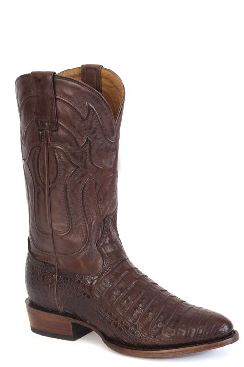 A handcrafted Stetson Boots Men’s Holliday Caiman Boot in tobacco, with a round toe and decorative stitching, is shown at an angle on a white background, reflecting classic American style.