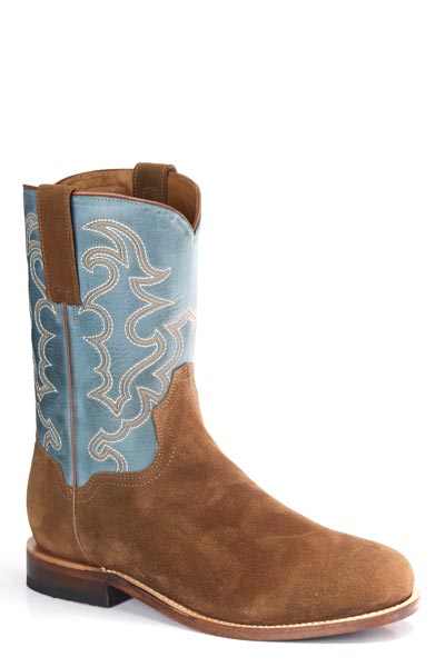 The Mens Stetson Weston Leather Boots by Stetson Boots feature handcrafted brown leather, a roper toe, low heel, light blue shaft with white stitching, and pull tabs—a classic American style.