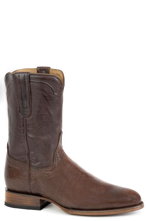 The Mens Stetson Clay Ostrich Boots by Stetson Boots feature handcrafted brown leather, a round toe, low stacked heel, and decorative shaft stitching, displayed against a white background.