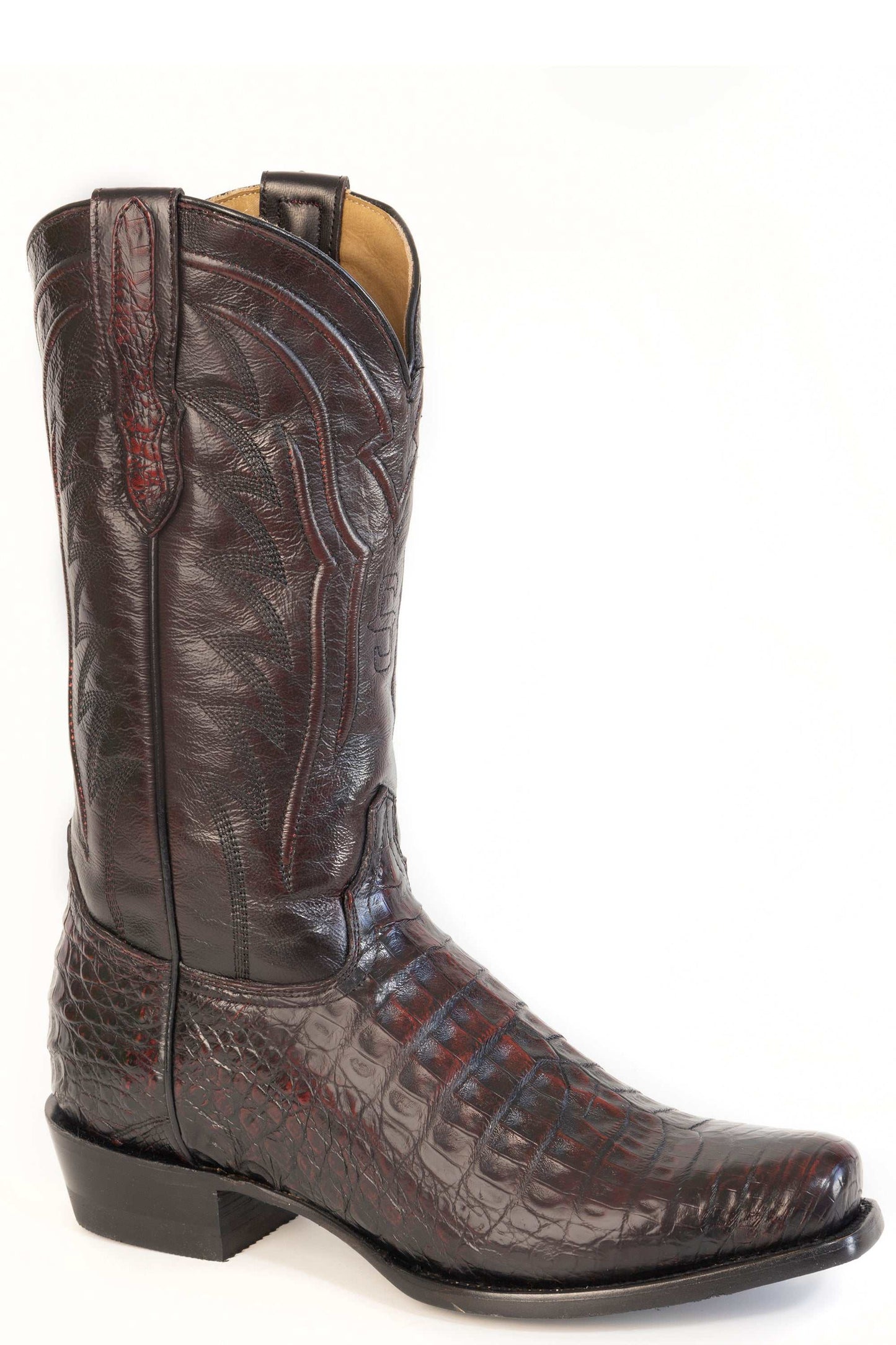 Men's Stetson Landon Caiman Boots handcrafted square toe black cherry color with western heritage design