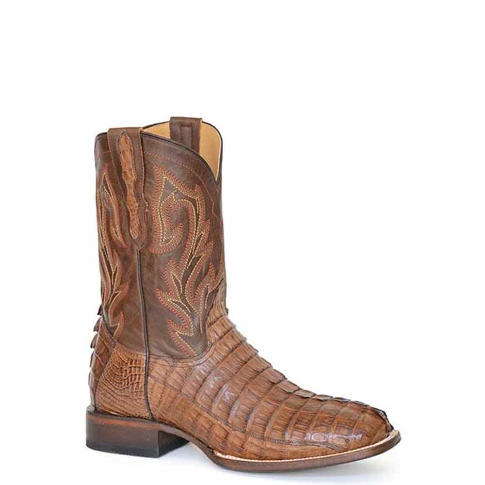 Men's Stetson Caiman Boots handcrafted brown square toe leather western boots