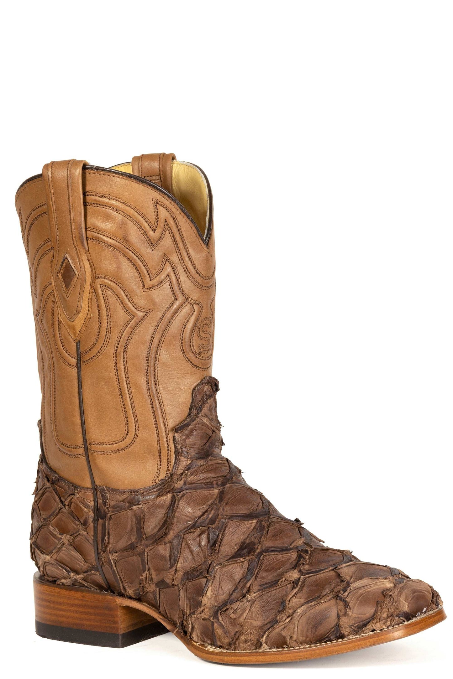Men's brown Stetson Pirarucu Fish handcrafted square toe boots with leather shaft and sole