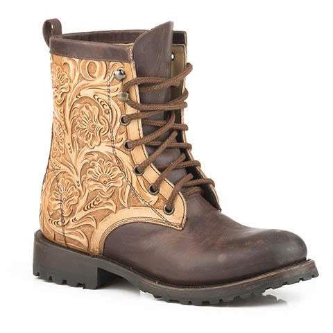 Women's Stetson Lennon handcrafted brown leather boots with lace-up shaft and lug sole