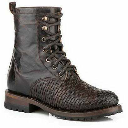 Brown Stetson Gemma leather boots with basket weave vamp and lace-up shaft