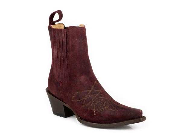 Women's Stetson Jordan Wine Suede Snip Toe Handmade Cowboy Boots with Embroidery