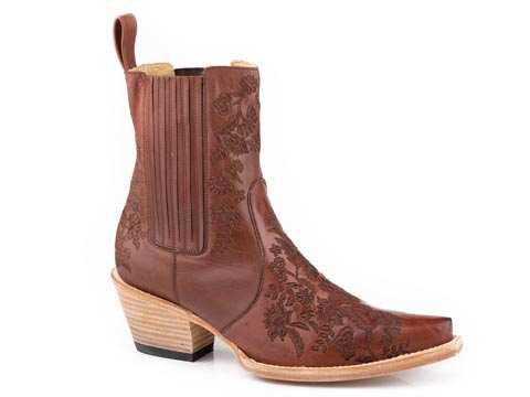 Women's Stetson Cordelia brown leather ankle boots with snip toe and floral embroidery