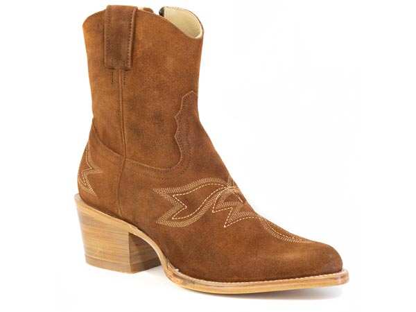 Women's Stetson Piper Suede Boots brown snip toe handcrafted with flame embroidery and stacked heel