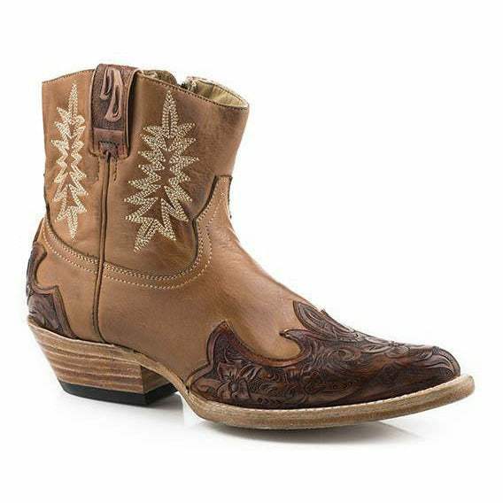 Women's Stetson Bea leather boots handcrafted in tobacco with wing tip heel and 6-inch shaft
