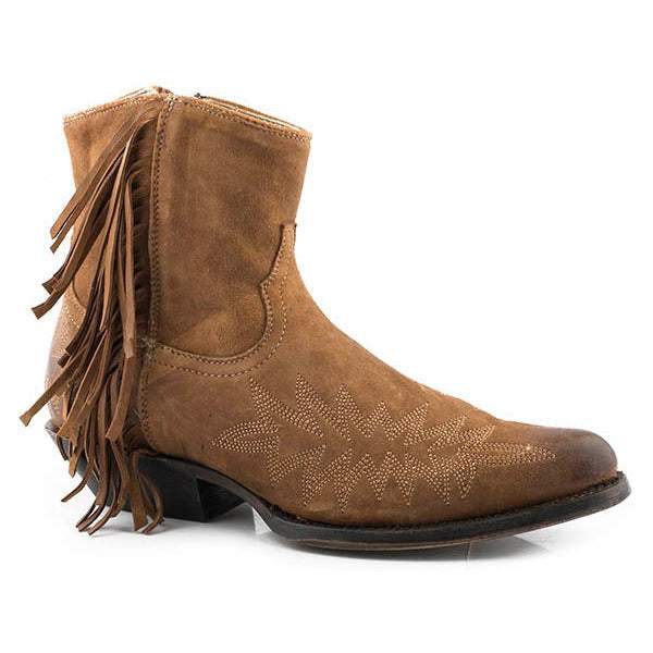 Women's Stetson Capri tan suede ankle boots with fringe and stacked heel